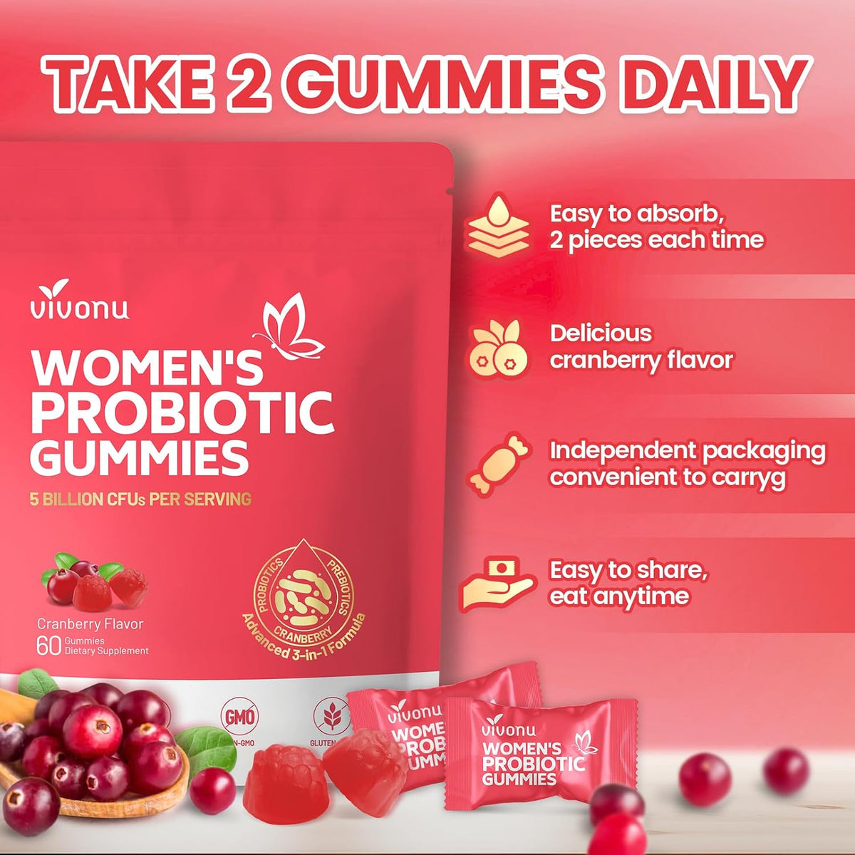 VivoNu Women's Probiotic Gummies - Feminine Balance Support with Cranberry, 60 Count - görsel 6