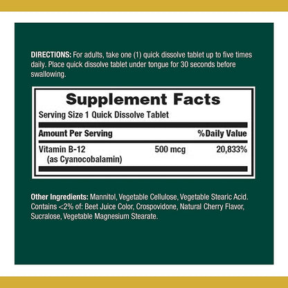 Nature's Bounty Vitamin B12 500mcg Sublingual Tablets, Pack of Two