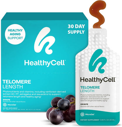 HealthyCell Telomere Length Supplement – Cellular Health Support with AC-11 & Resveratrol – 30 Grape Gel Packs