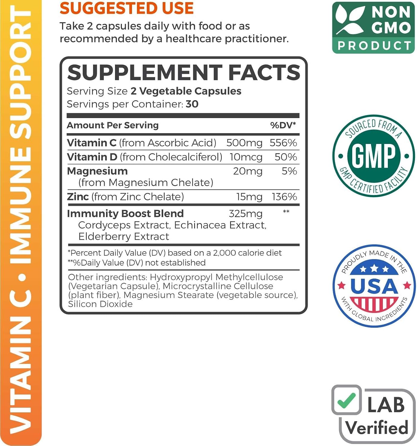 Vitamin C Immune Support Supplement – Immune Support Blend with Elderberry, Vitamin D3, Zinc & Magnesium (60 Capsules) - görsel 2