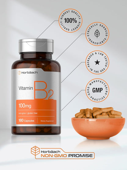 Horbäach Vitamin B2 100 mg, 180 Capsules - Riboflavin Supplement, Non-GMO & Gluten-free