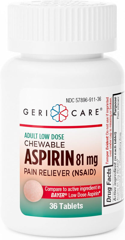 GeriCare Low Dose Adult Chewable Aspirin 81mg, Pain Reliever, Fever Reducer, 36 Tablets