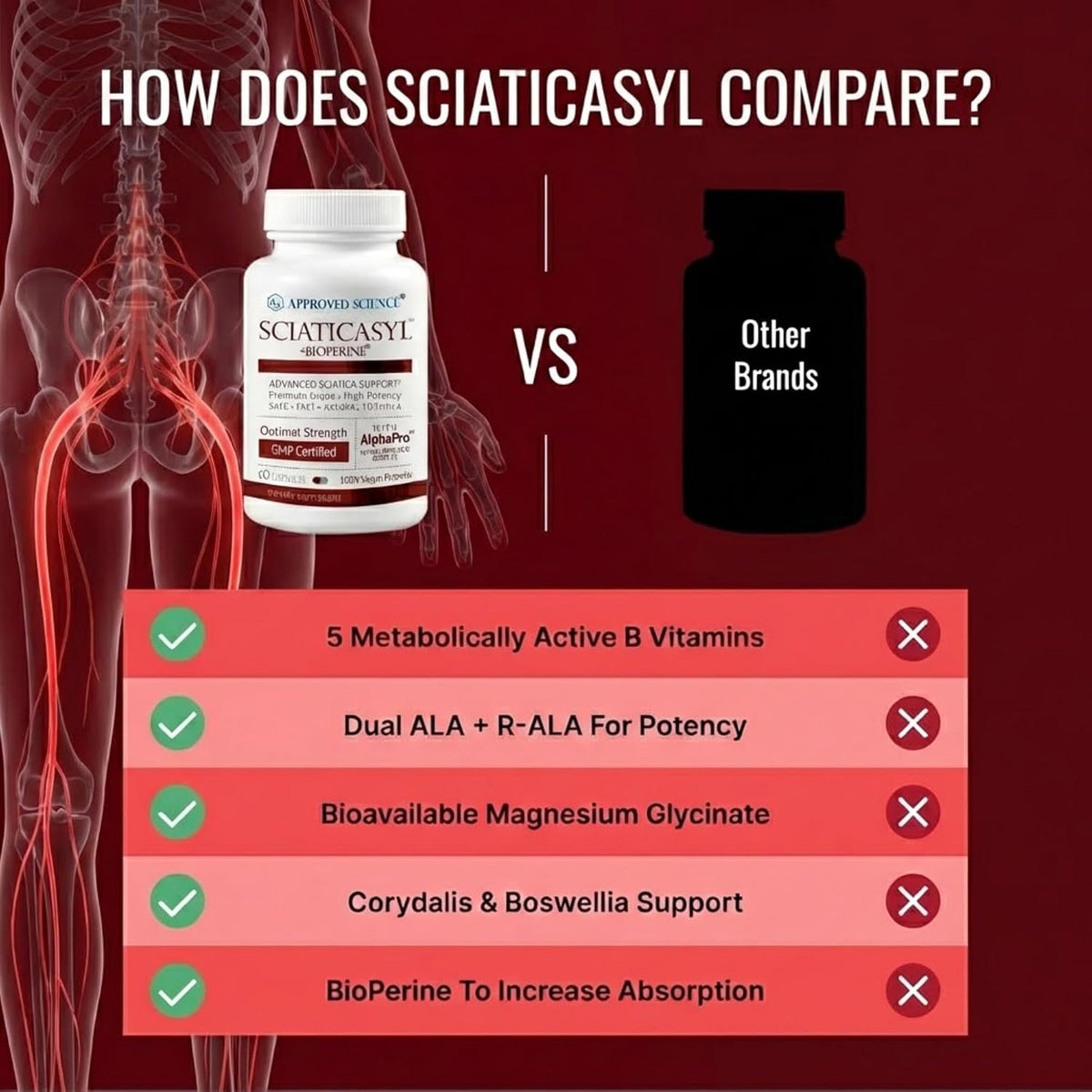 Approved Science Sciaticasyl - Optimal Sciatic Nerve Support - B Vitamins, Magnesium, Alpha-Lipoic Acid, BioPerine - Vegan - 60 Capsules - görsel 5