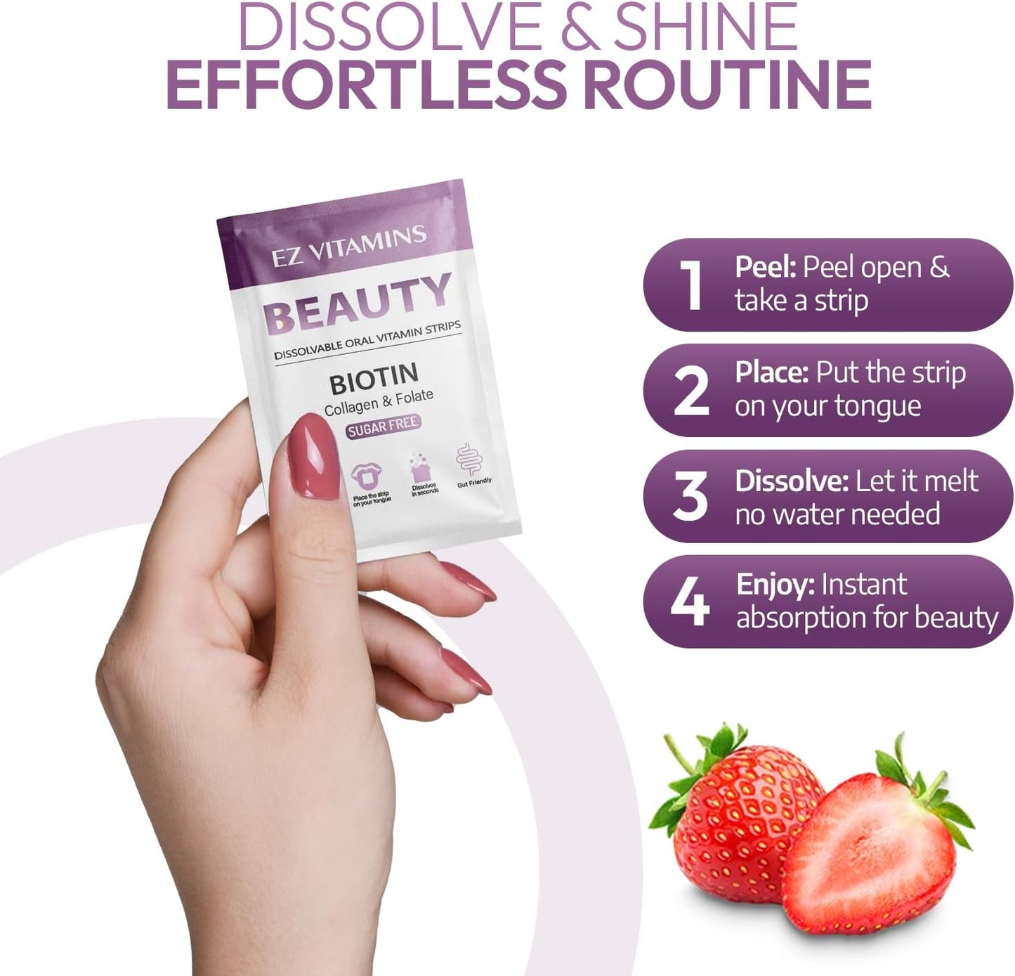 EZ VITAMINS Oral Strips for Hair, Skin and Nails – Fast-Dissolving Biotin, Vitamin E, Collagen and Folate – Strawberry Flavour, 30 Strips - görsel 8
