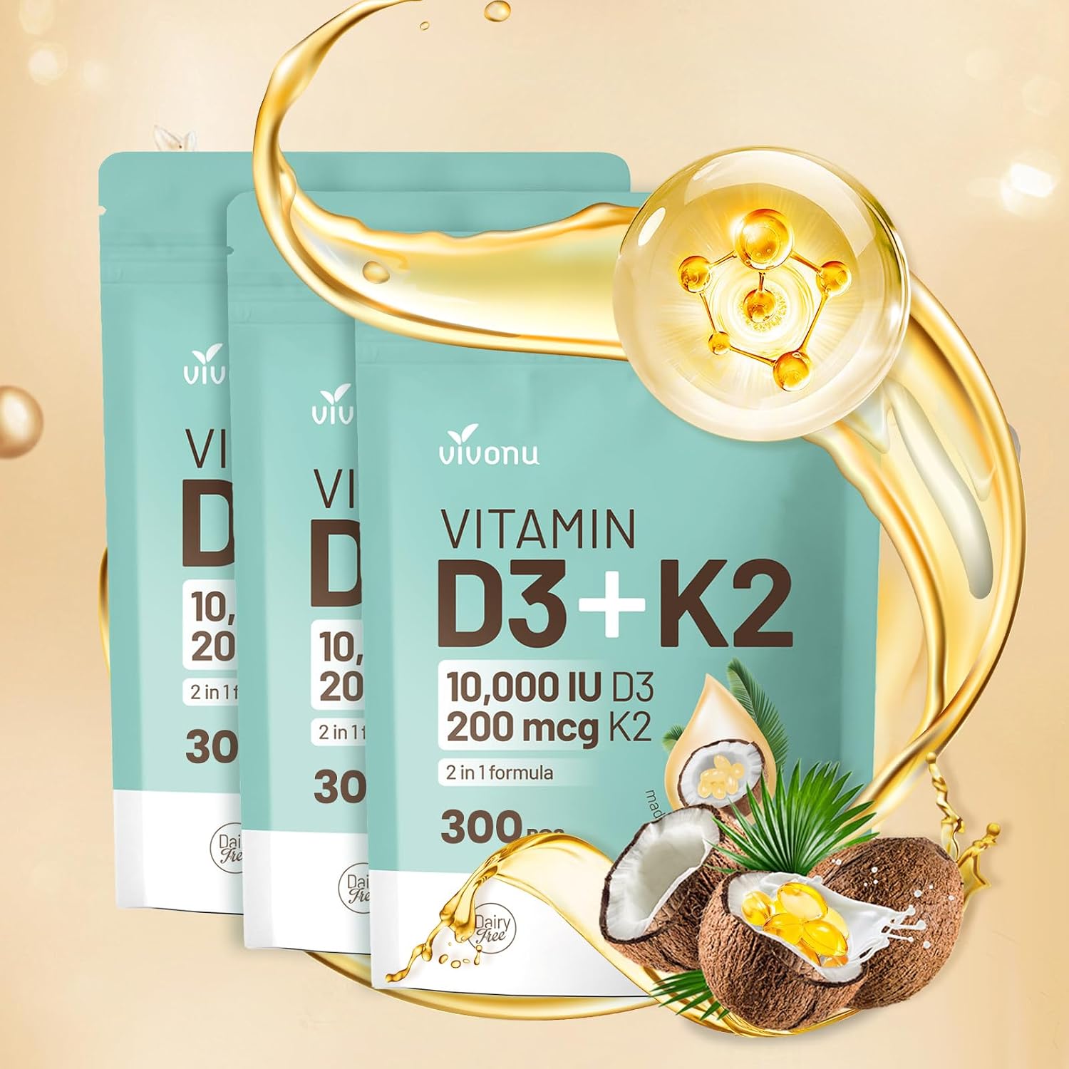 Vitamin D3 10000 IU Plus K2 (MK-7) 200 mcg – 300 Soft gel capsules (3-Pack) - görsel 1