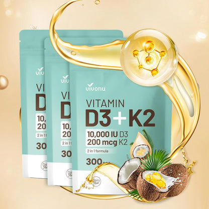 Vitamin D3 10000 IU Plus K2 (MK-7) 200 mcg – 300 Soft gel capsules (3-Pack)