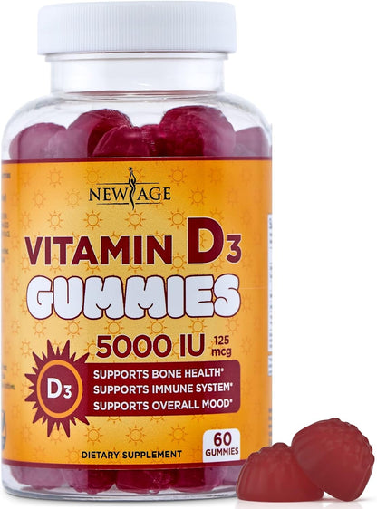 NEW AGE Vitamin D3 5000 IU (125 µg) Gummies – Immune Support, Non-GMO, Gluten-Free, Dairy-Free – 180 Count (3-Pack)