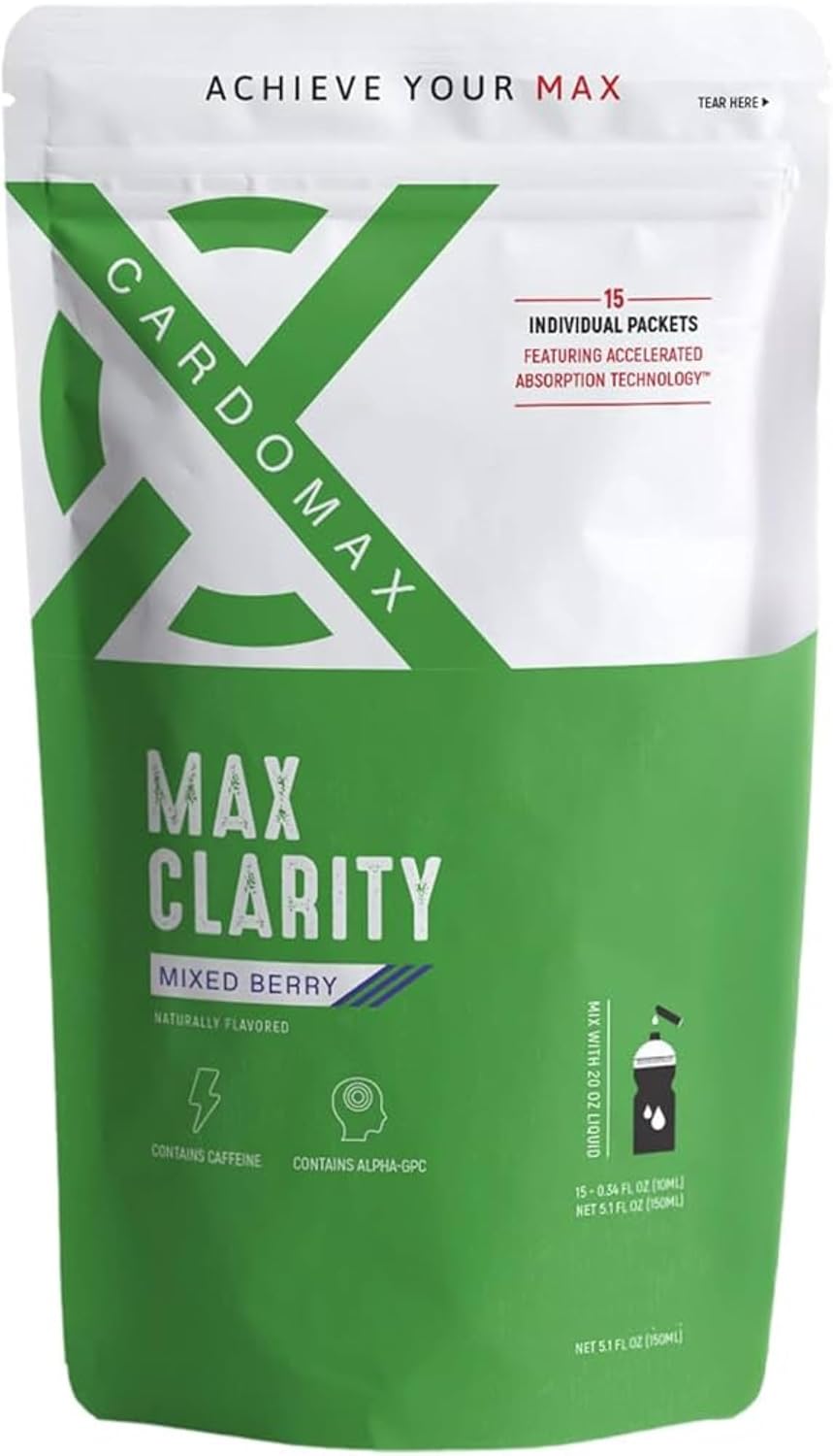 CardoMax Max Clarity Liquid Nootropic Supplement – Brain Supplement for Memory and Focus with Alpha GPC, L-Theanine & Caffeine – 15 Stick Packs – Mixed Berry - görsel 1