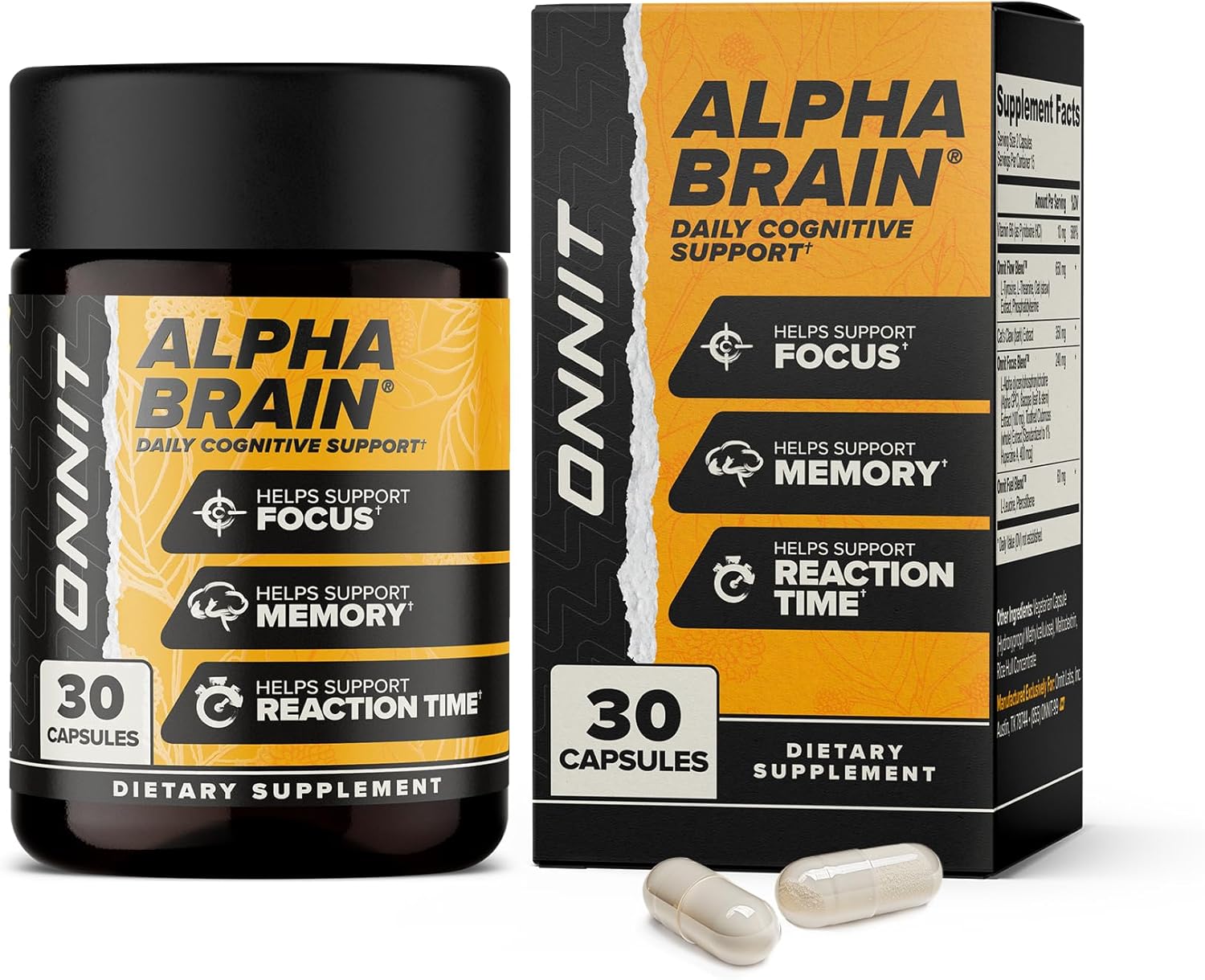 ONNIT Alpha Brain Nootropic Brain Supplement for Focus, Memory, Mental Clarity, Cognitive Support with L-Theanine and Vitamin B6, 30 Capsules - görsel 1