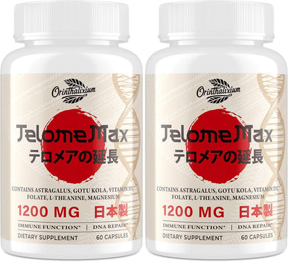 Telomere Support Supplements – Organic Astragalus, Gotu Kola, Vitamin D3, Folate, Magnesium, L-Theanine – Cellular Health & DNA Support – 60 Vegan Capsules (2 Bottles) – Made in Japan