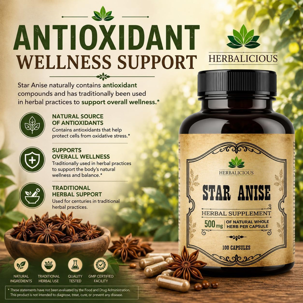 HERBALICIOUS Organic Star Anise Supplement – 100 Capsules – 1000mg - görsel 4