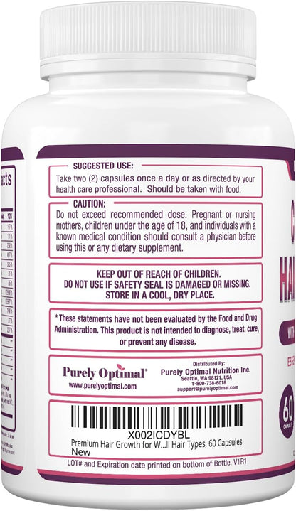 Purely Optimum Hair Growth Vitamins – Biotin, Collagen, Keratin – 60 Capsules