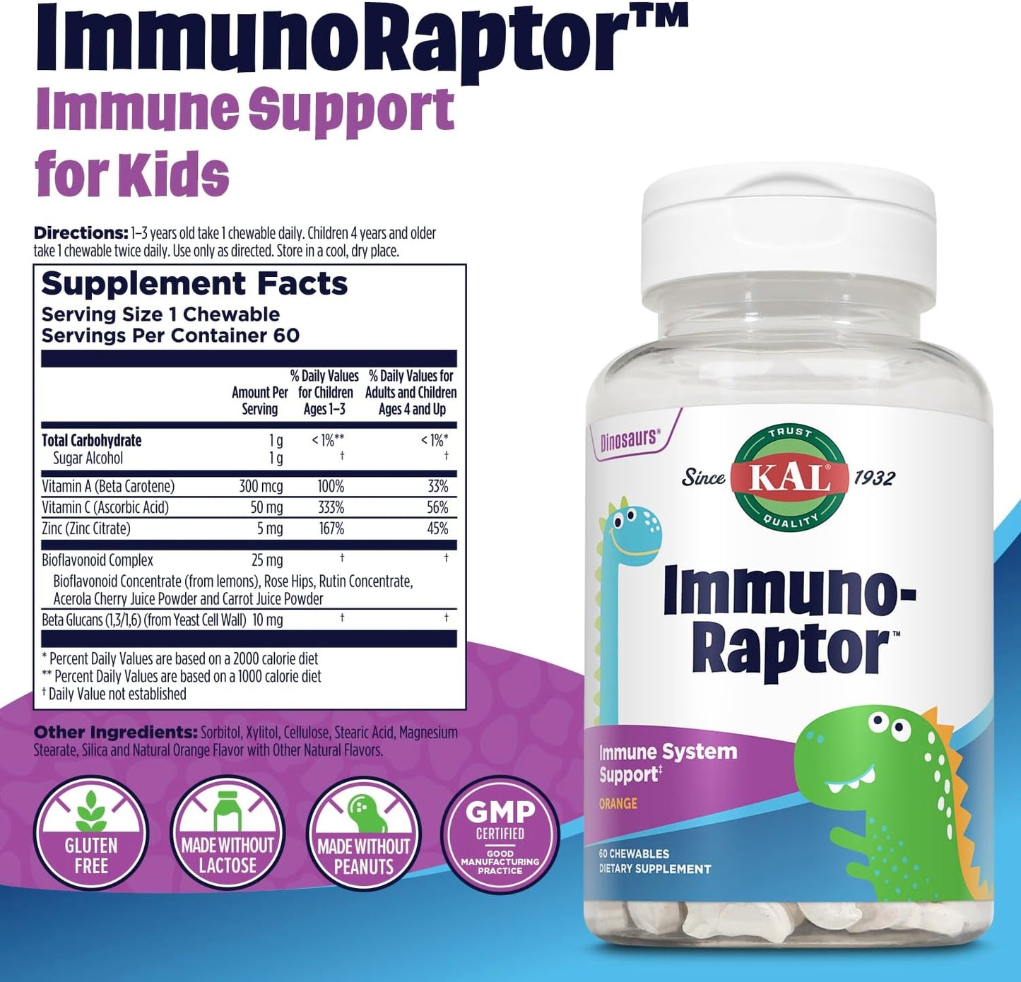 KAL ImmunoRaptor Kids Immune Support Chewables - Dinosaur Shaped Vitamin C & Zinc - 60 Chewable Tablets - görsel 2