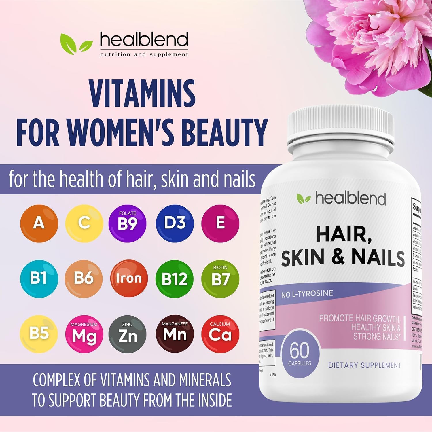 healblend Hair, Skin and Nails Vitamins for Women – Biotin 5000 mcg, Iron and Manganese – Vegan, Non-GMO (3-Month Supply) - görsel 3