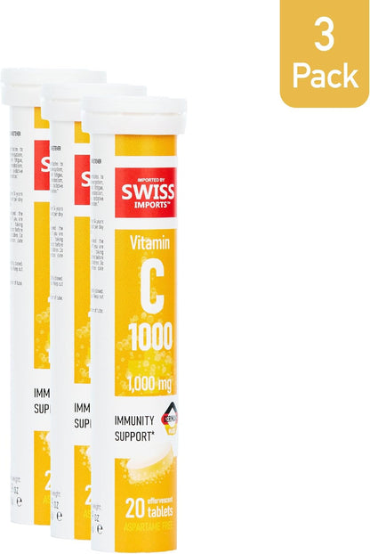 Swiss Imports Effervescent Vitamin C 1000mg Food Supplement, 3-Pack (60 Tablets Each)