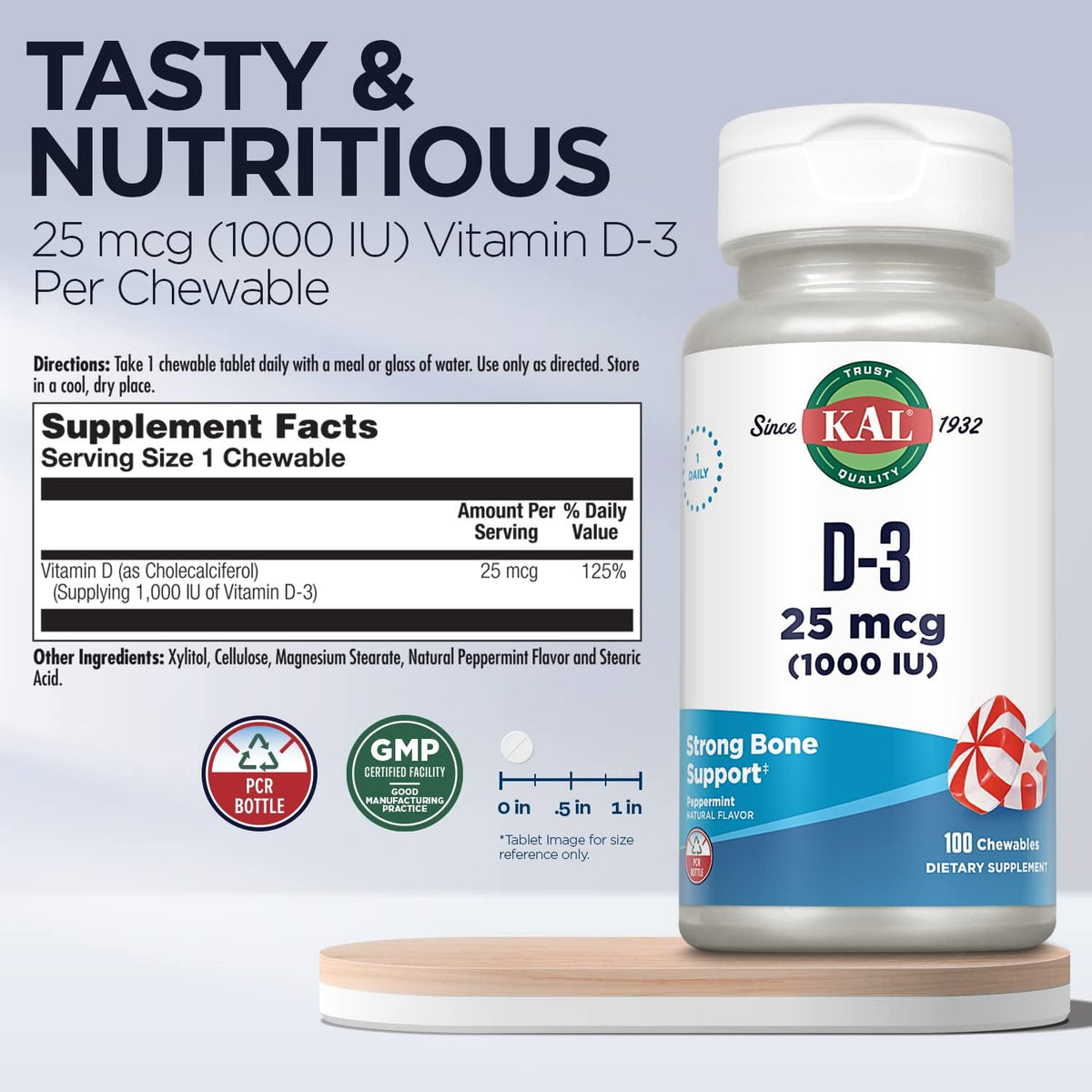 KAL Vitamin D3 1000 IU Chewable Tablets - Natural Peppermint Flavour, 100 Count - görsel 3