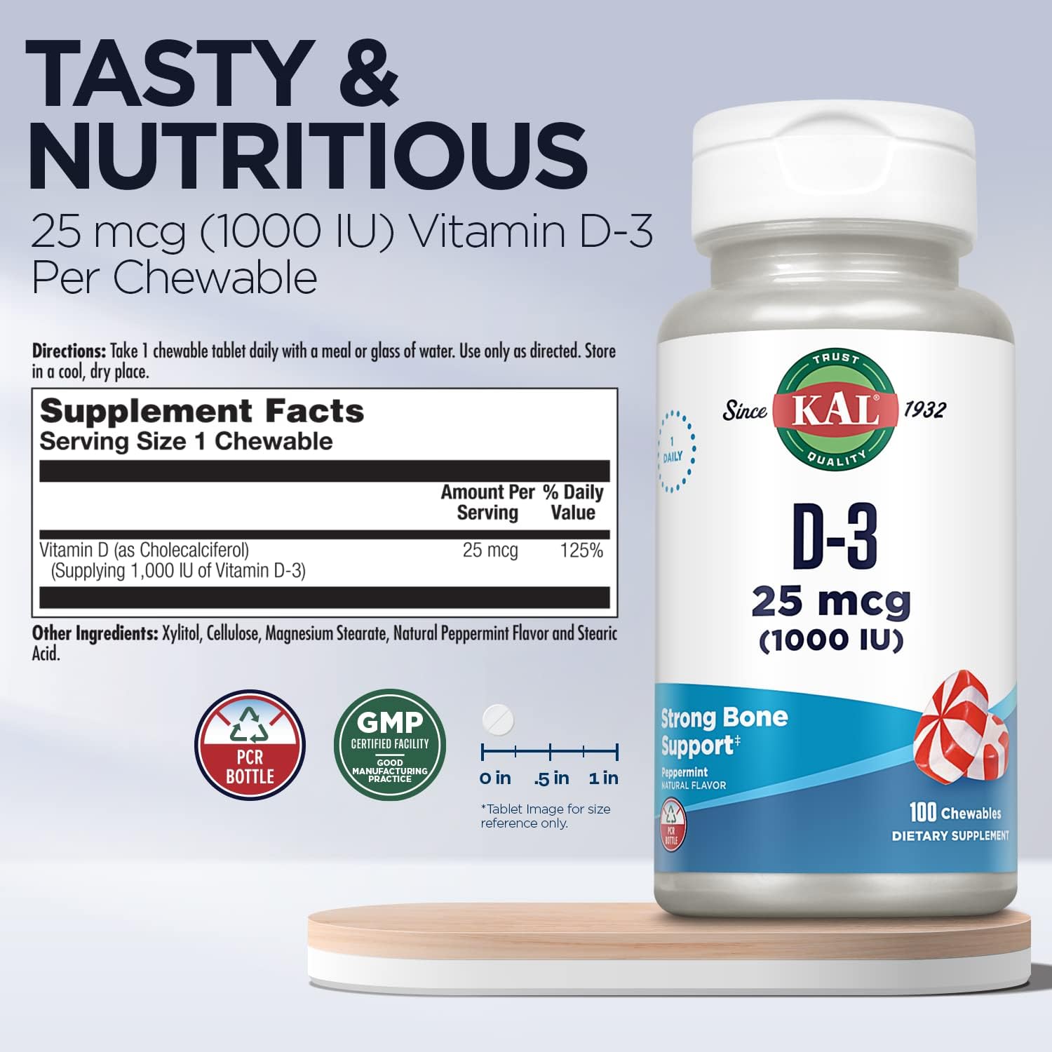 KAL Vitamin D3 1000 IU Chewable Tablets - Natural Peppermint Flavour, 100 Count - görsel 3