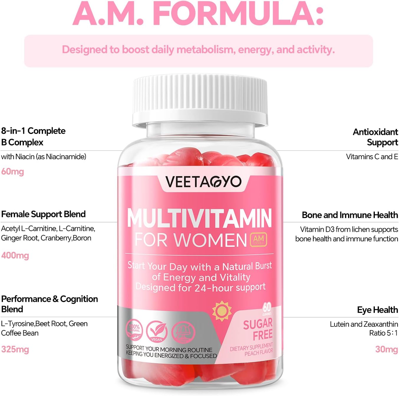 VEETAGYO Multivitamin for Women AM & PM – Sugar-Free, Vegan, 120 Gummies - görsel 4