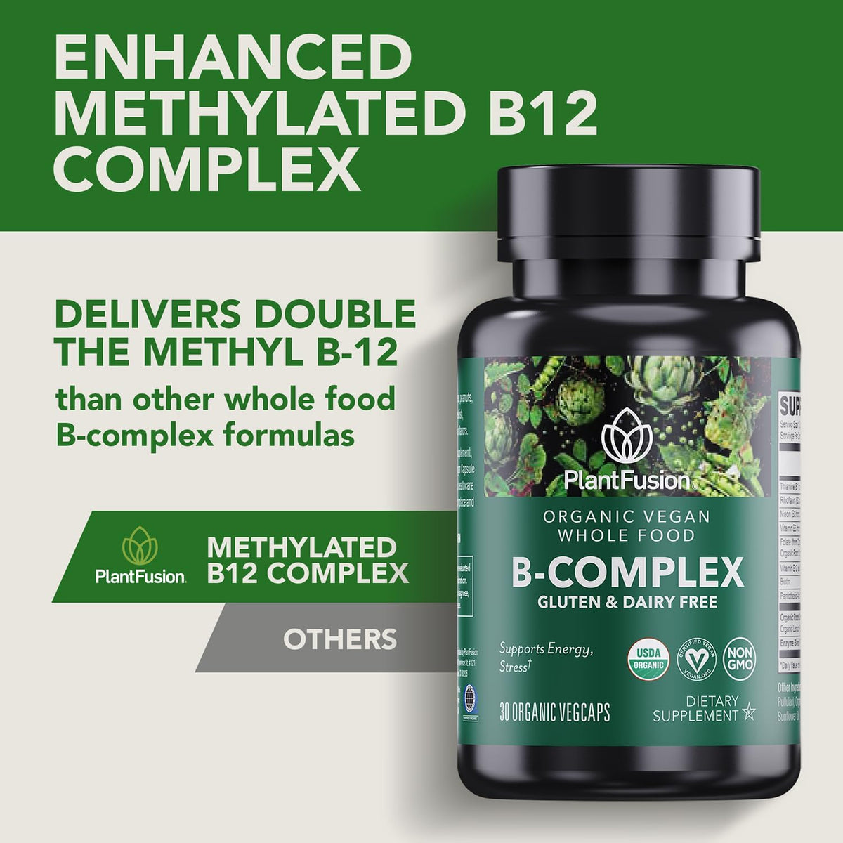 PlantFusion Organic Vitamin B-Complex, Vegan Whole Food Supplement for Energy & Metabolism, Methylated B12, Guava, Lemon & Basil, Non-GM, Gluten-free – 30 Capsules - görsel 3