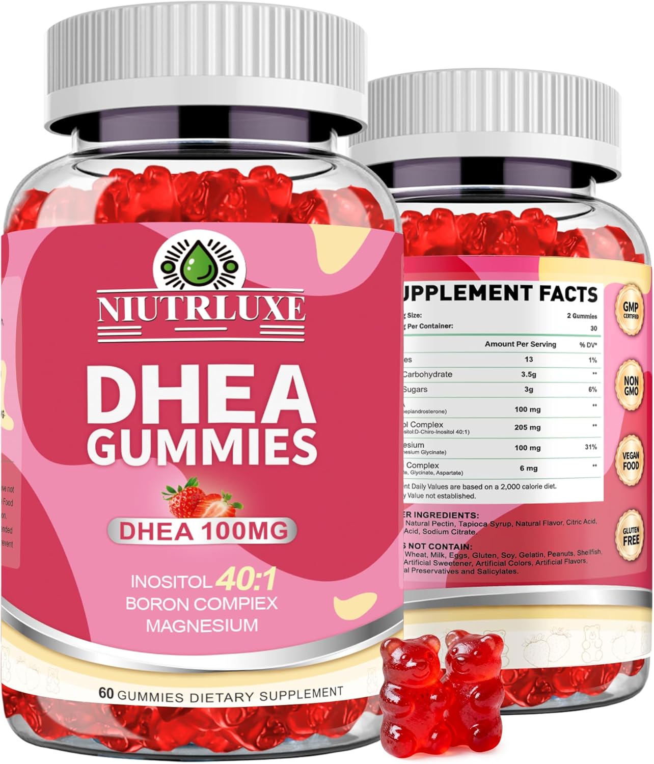 DHEA Gummies for Women | DHEA Supplement | 100mg/50mg Chewable with Boron, Inositol and Magnesium | Pro-Ageing, Ovarian Support, Sleep Support | Vegan | 60 Gummies - görsel 1