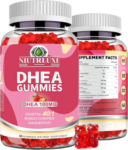DHEA Gummies for Women | DHEA Supplement | 100mg/50mg Chewable with Boron, Inositol and Magnesium | Pro-Ageing, Ovarian Support, Sleep Support | Vegan | 60 Gummies