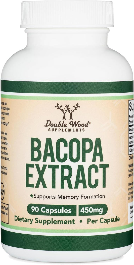 Double Wood Supplements Bacopa Monnieri Capsules | 20% Bacosides 450mg | 90 Capsules | Non-GMO & Gluten-free