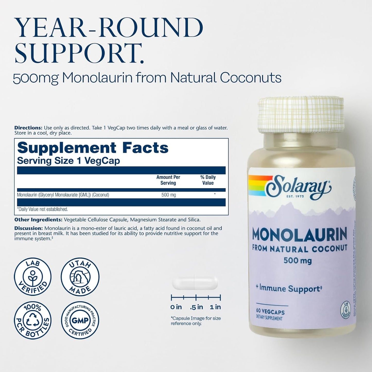 Solaray Monolaurin 500mg - 60 Vegetable Capsules - görsel 2