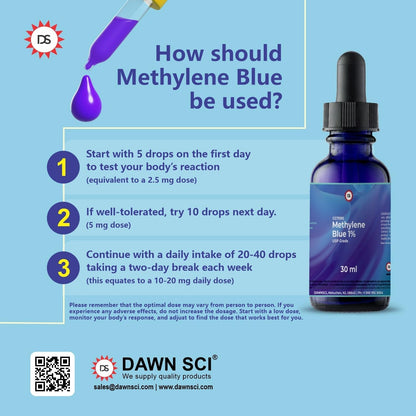 DAWNSCI Methylene Blue 1% 30 ml Glass Dropper Bottle (Pack of Two) – USP-Grade Methylthioninium Chloride Solution for Cognitive Wellness Support