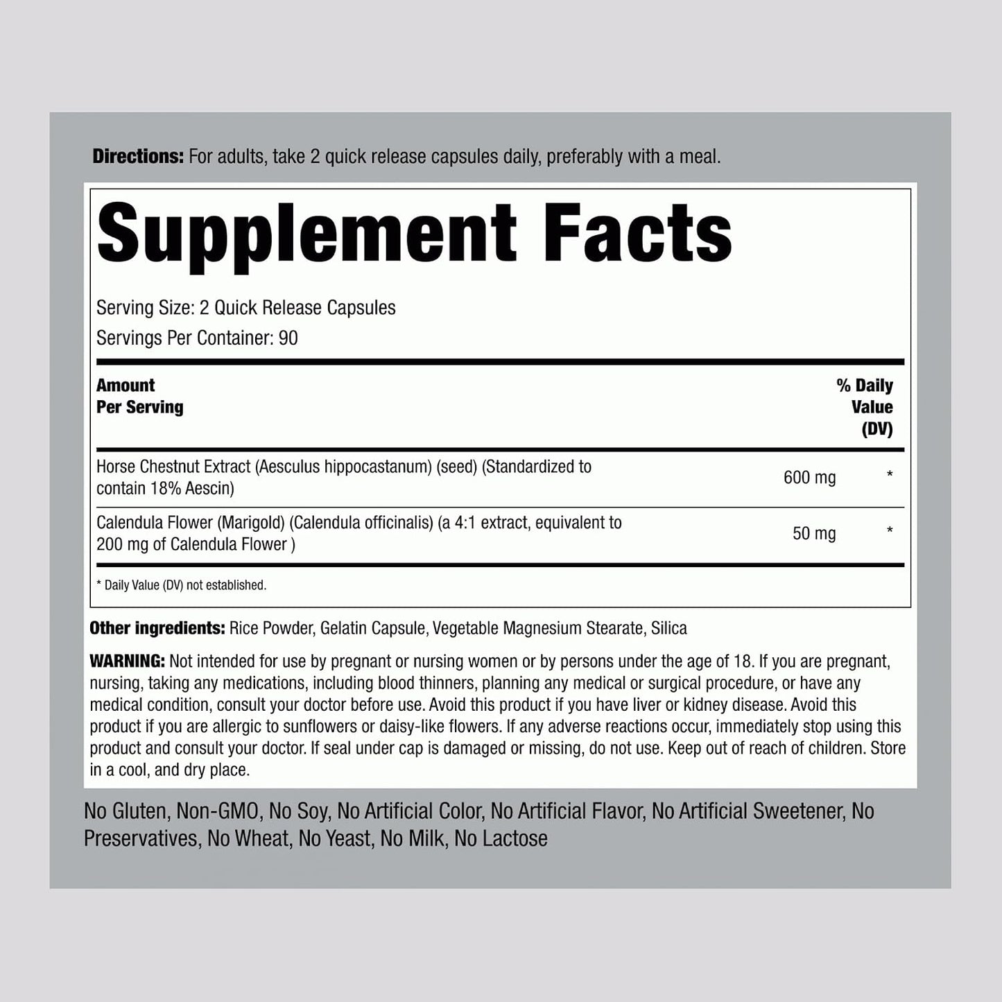 Piping Rock Horse Chestnut Extract Supplement | 180 Capsules | with Aescin and Calendula | Non-GM, Gluten-free - görsel 2