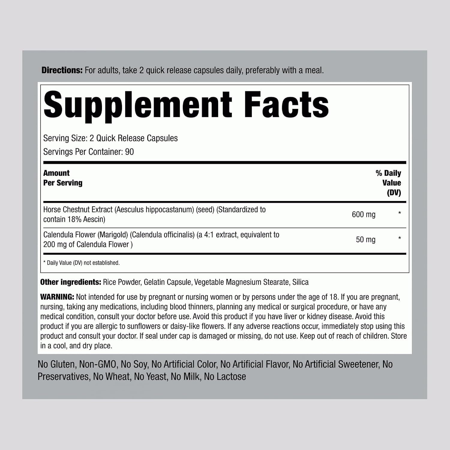 Piping Rock Horse Chestnut Extract Supplement | 180 Capsules | with Aescin and Calendula | Non-GM, Gluten-free - görsel 2