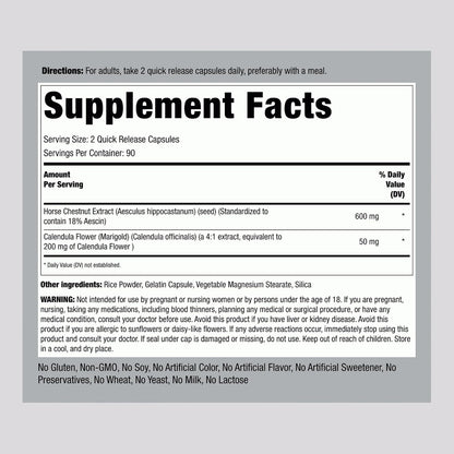 Piping Rock Horse Chestnut Extract Supplement | 180 Capsules | with Aescin and Calendula | Non-GM, Gluten-free