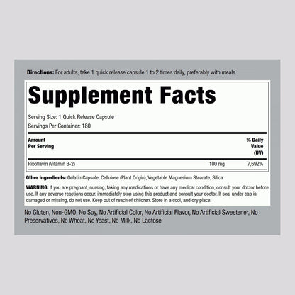 Piping Rock Vitamin B2 100mg | 180 Vegetarian Capsules (Riboflavin)