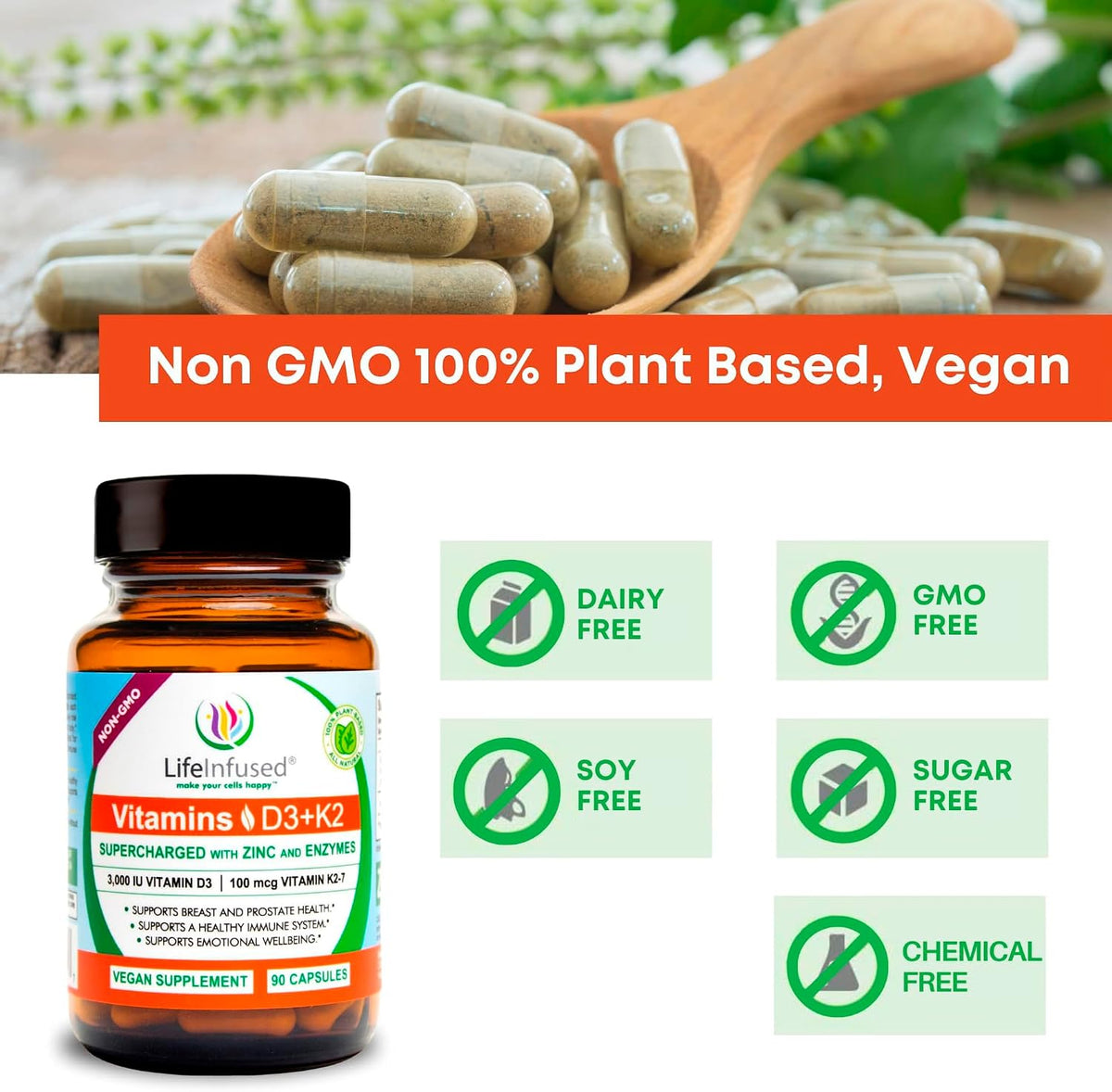 Life Infused Vitamin D3 + K2 with Zinc & Enzymes - 3000 iU D3, MK-7 K2, 90 Vegan Capsules - görsel 4