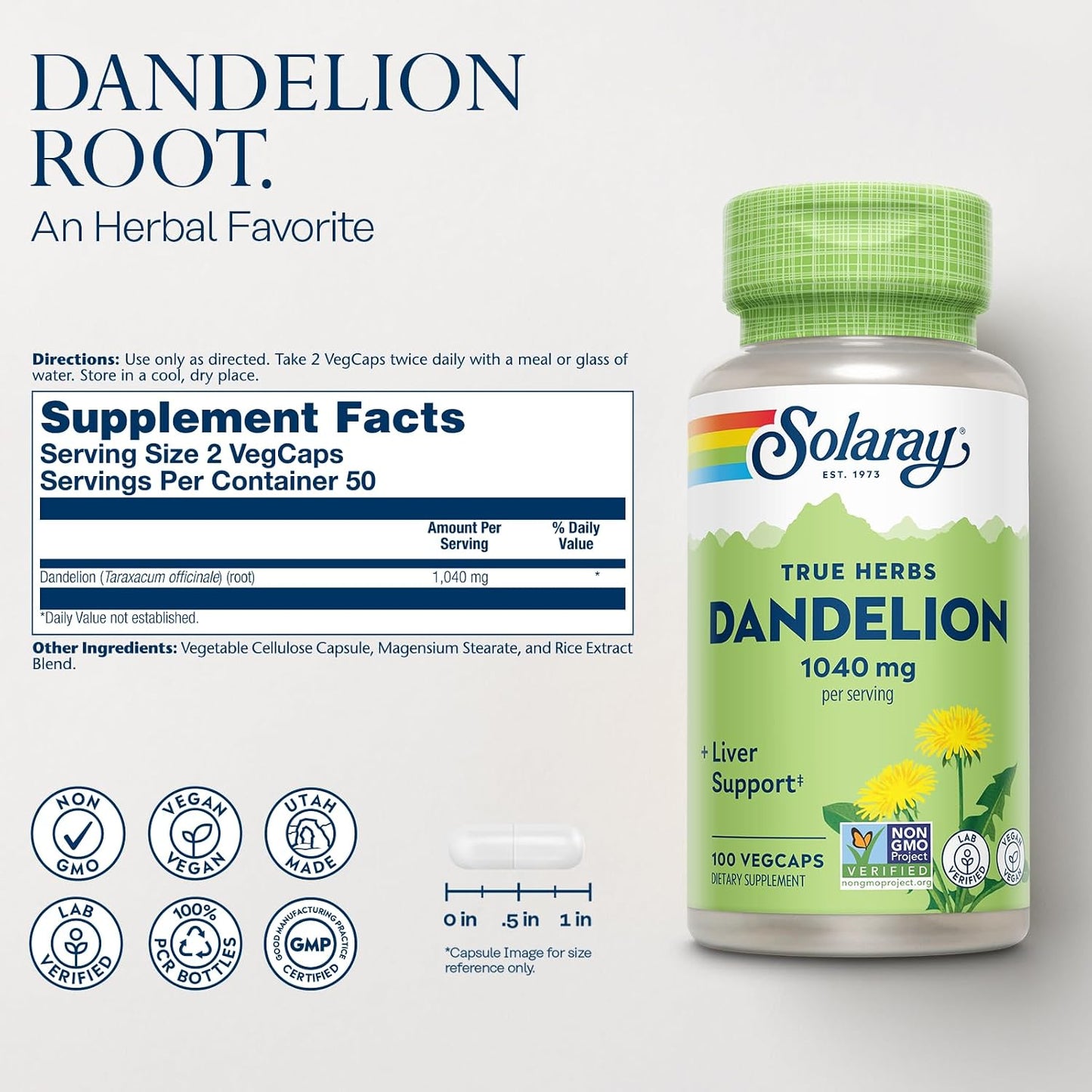 SOLARAY Dandelion Root Supplement – Healthy Liver & Kidney Support – 1,040 mg per Serving – Vegan – Lab Verified – 100 VegCaps - görsel 2