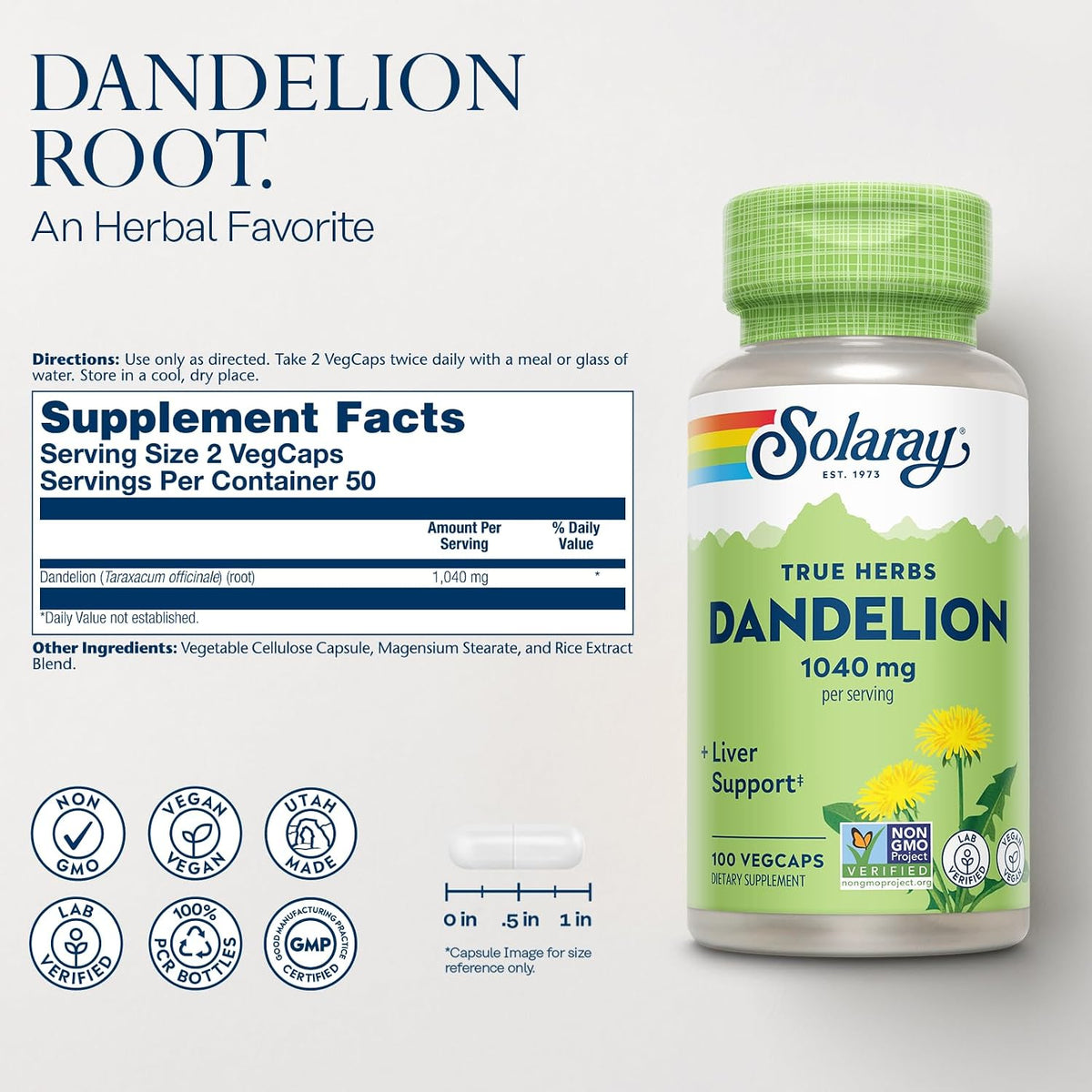 SOLARAY Dandelion Root Supplement – Healthy Liver & Kidney Support – 1,040 mg per Serving – Vegan – Lab Verified – 100 VegCaps - görsel 2