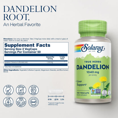 SOLARAY Dandelion Root Supplement – Healthy Liver & Kidney Support – 1,040 mg per Serving – Vegan – Lab Verified – 100 VegCaps