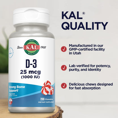 KAL Vitamin D-3 1000 IU Chewable Tablets - Peppermint Flavour - 200 Chews