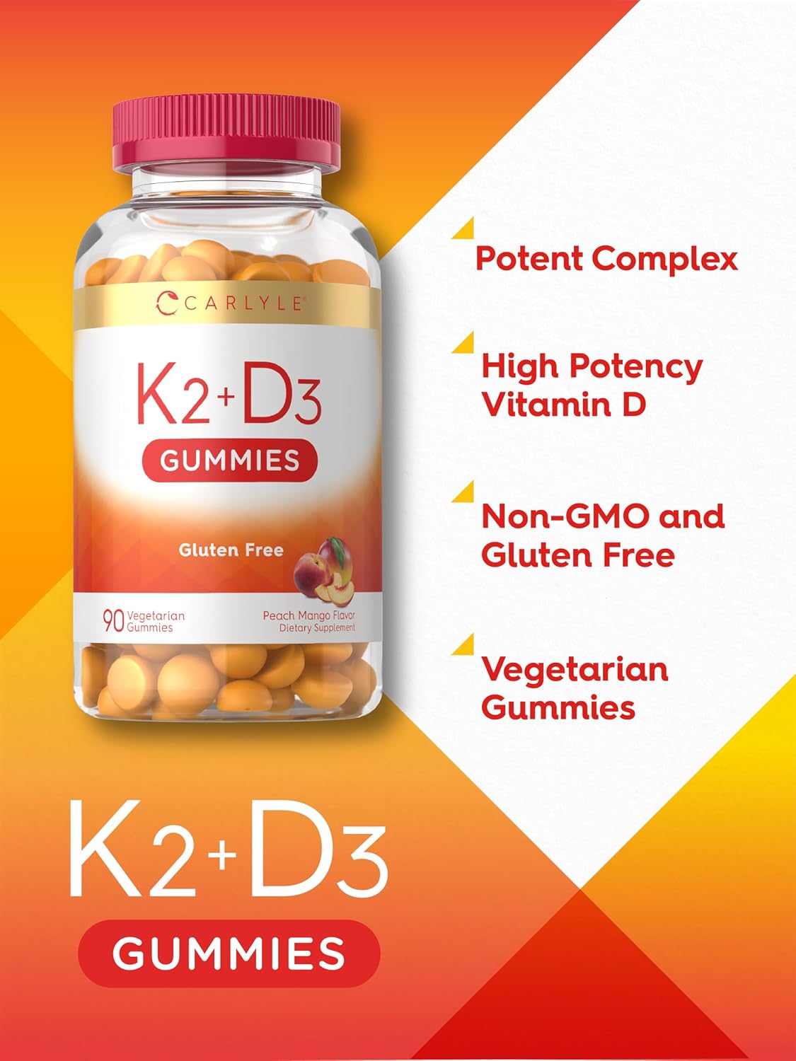 Carlyle Vitamin D3 K2 Gummies - 5,000 IU D3 + 50 mcg MK7, Peach Mango, 90 Count - görsel 4