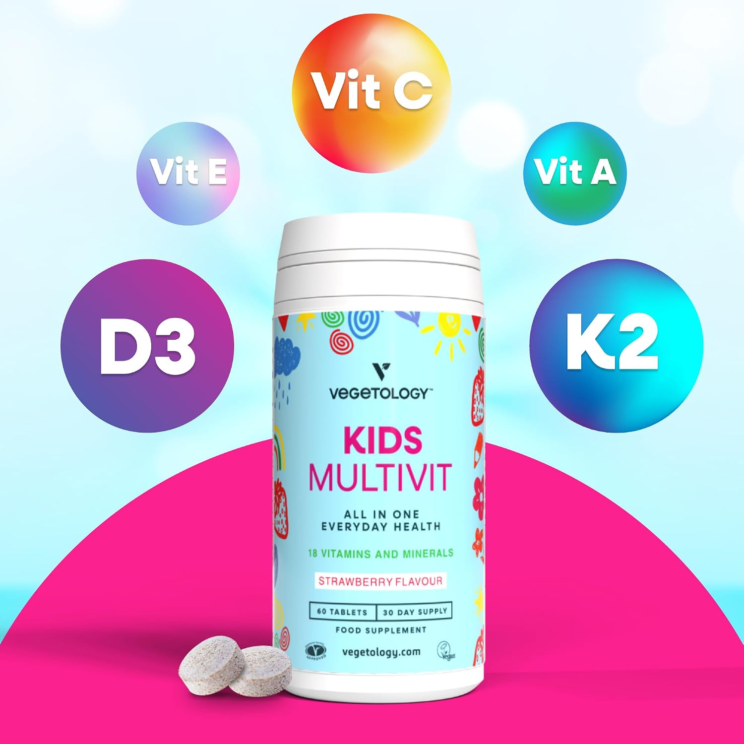 VEGETOLOGY Kids Multivitamin Food Supplement – Vegan Chewable Multivitamin for Immune Function, Energy & Growth, 18 Essential Vitamins & Minerals – 60 Tablets, Strawberry - görsel 7