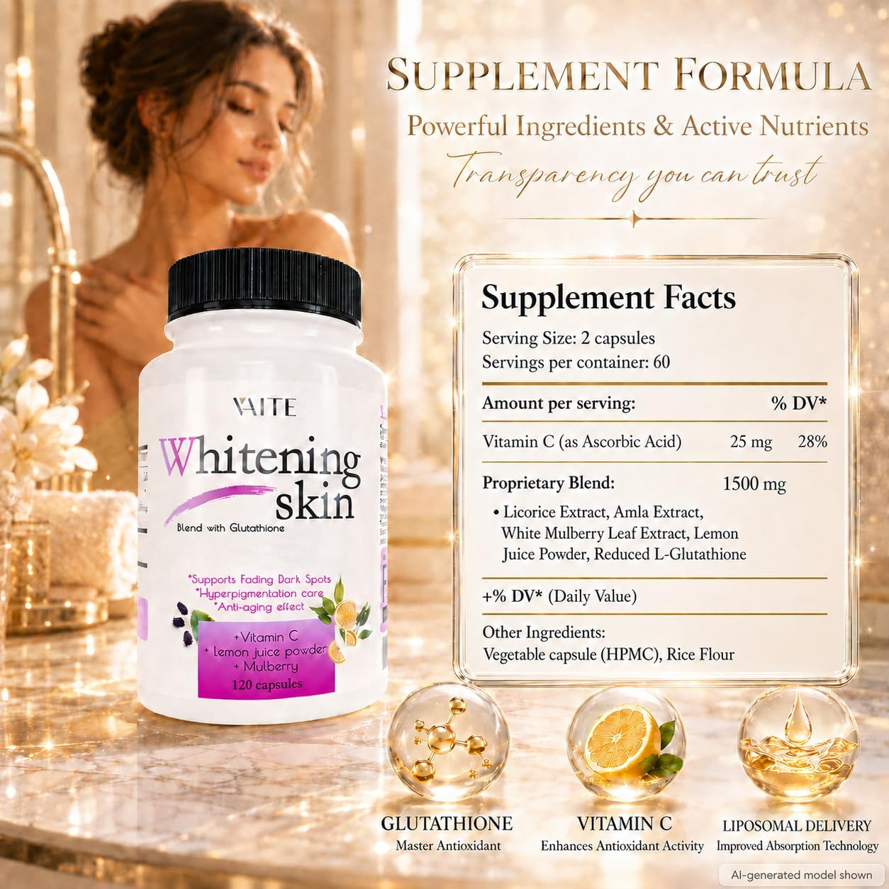 VAITE Glutathione Skin Brightening Capsules - Antioxidant & Radiance Support (120 Capsules) - görsel 3
