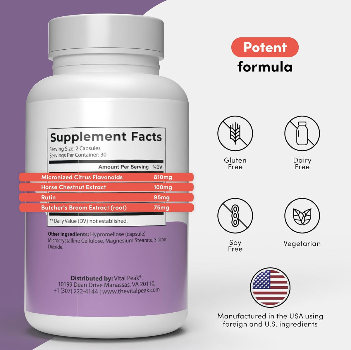 Vital Peak Vein Care Blend - Circulation & Vein Support Supplement with Rutin, Horse Chestnut, Butcher's Broom & Citrus Flavonoids - Vegetarian, Non-GMO, Gluten-free - 60 Capsules - görsel 2
