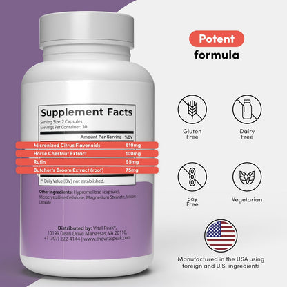 Vital Peak Vein Care Blend - Circulation & Vein Support Supplement with Rutin, Horse Chestnut, Butcher's Broom & Citrus Flavonoids - Vegetarian, Non-GMO, Gluten-free - 60 Capsules