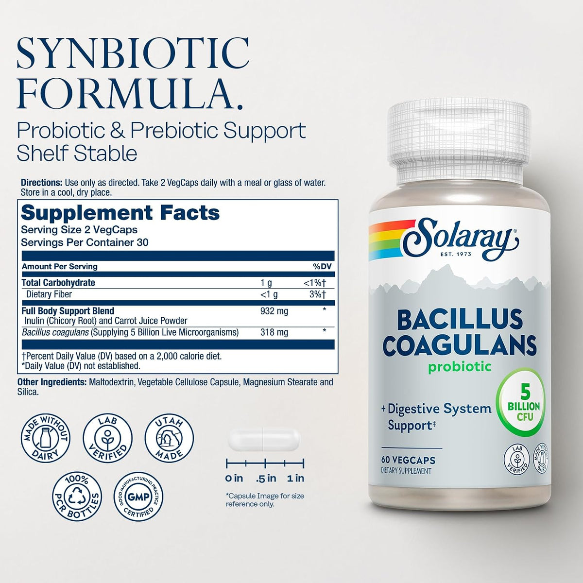 SOLARAY Bacillus Coagulans Probiotic - 5 Billion Live Microorganisms with Inulin Prebiotic Fibre, 60 VegCaps - görsel 2