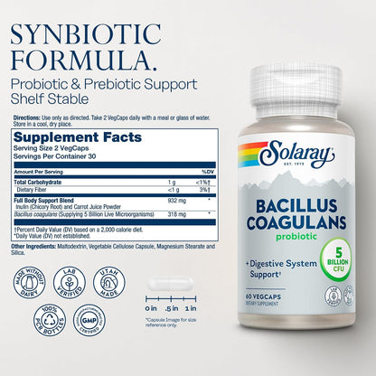 SOLARAY Bacillus Coagulans Probiotic - 5 Billion Live Microorganisms with Inulin Prebiotic Fibre, 60 VegCaps
