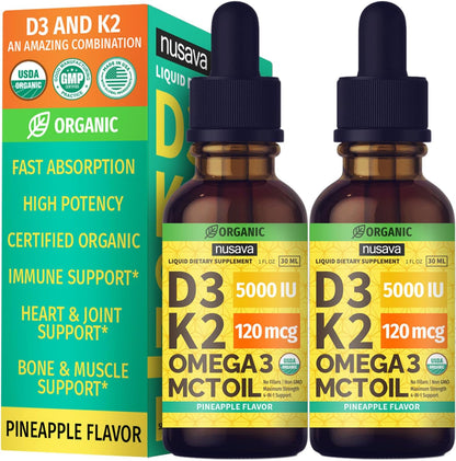 (2 Pack) Organic Vitamin D3 and K2 Drops with MCT Oil and Omega 3 - Liquid Vitamin D3 5000 IU - D3 K2 Supplement for Men and Women - No Fillers, Non-GMO, GMP, Pineapple Flavour (2 fl oz)