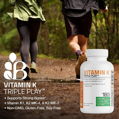 Bronson Vitamin K Triple Play - Full Spectrum Complex with K1, K2 MK4 & MK7, 180 Capsules