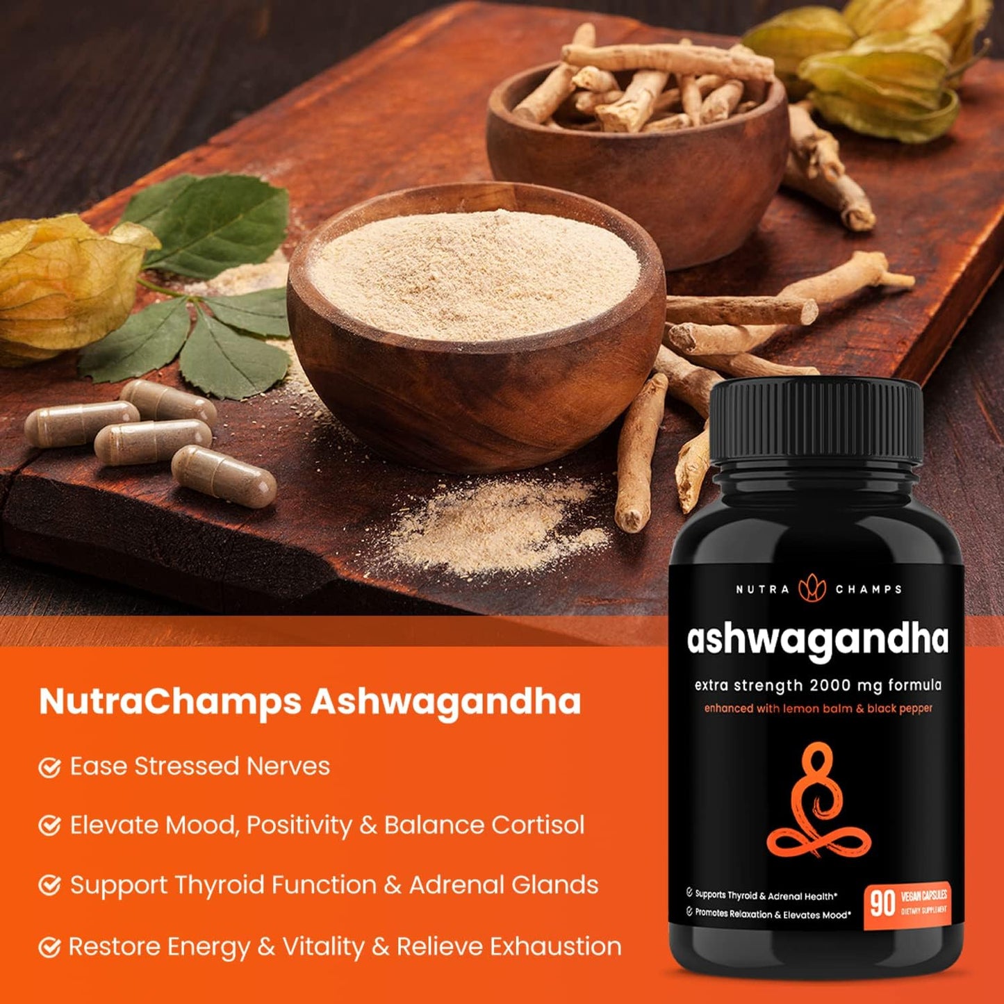 NutraChamps Organic Ashwagandha Capsules - 2000mg with Lemon Balm & Black Pepper for Stress and Mood Support - görsel 4