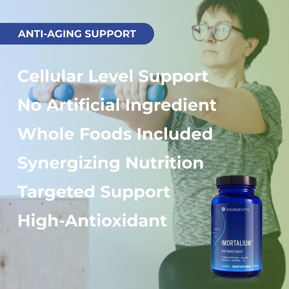 Youngevity Imortalium - Anti-Ageing Cellular Health Supplement, Fucoxanthin, Carotenoid Blend, Fucoidan Blend, MSM, Glutathione, Skin Rejuvenating Blend + 12 Whole Foods, 120 Tablets - görsel 4