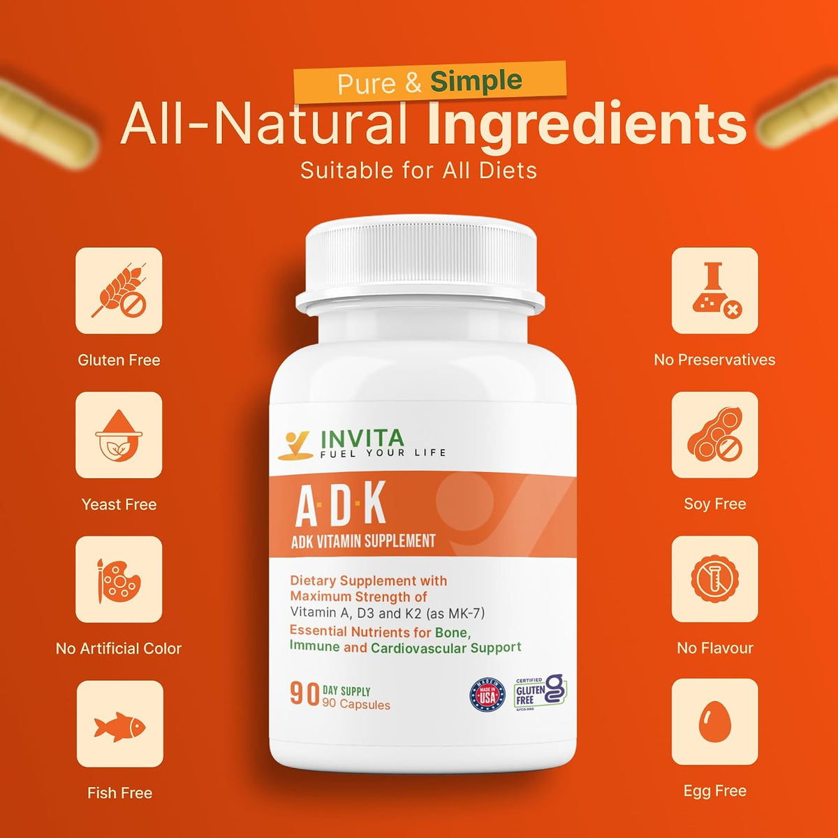 INVITA ADK Vitamin Supplement – 90 Capsules – Vitamin A, D3 5000 IU & K2-MK7 - görsel 6