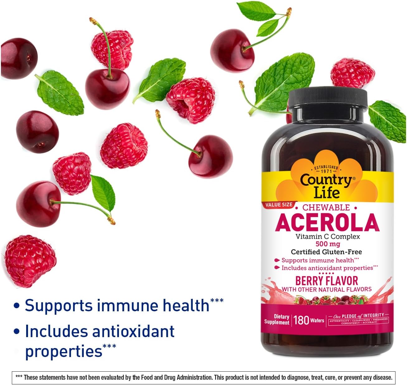 Country Life Acerola Vitamin C Complex – 500mg Chewable Berry Flavoured Wafers – Supports Immune System – 180 Count - görsel 2